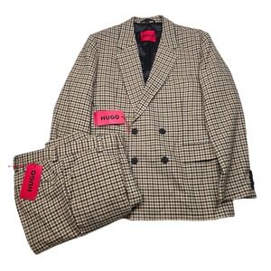 HUGO BOSS Houndstooth Suit 36R Pants 30x31 Brown Double‎ Breasted Super 100 NEW